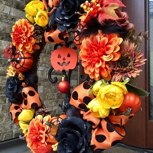 No.wreath-14907/ハロウィンリース「スパイダーパンプキン＆黒