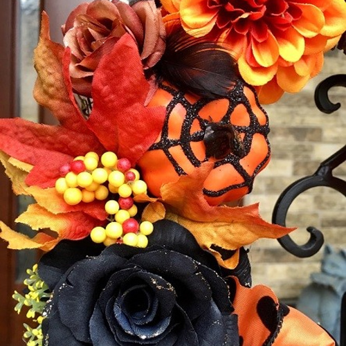 No.wreath-14907/ハロウィンリース「スパイダーパンプキン＆黒