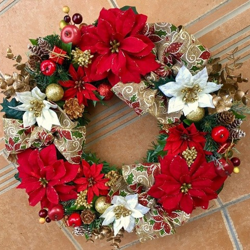 クリスマスリース 赤 造花 サンタ付き❣️リンリン❣️ 真っ赤なりんごとサンタのクリスマスリース (35cm) | 【公式】Michika