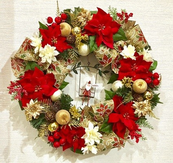 No.xmas-14301/クリスマスリース40cm/ブランコ・サンタ＆ポインセチア
