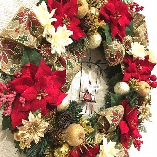 No.xmas-14301/クリスマスリース40cm/ブランコ・サンタ＆ポインセチア