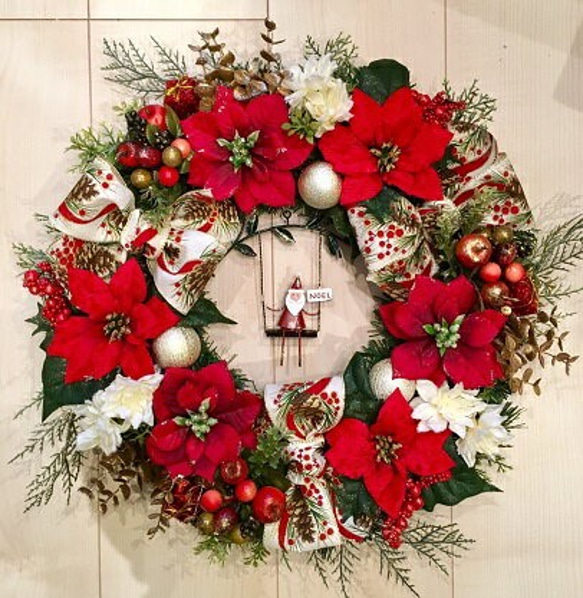 No.xmas-14331/クリスマスリース40cm/ブランコ・サンタ＆ポインセチア（アーティフィシャル造花） 1枚目の画像