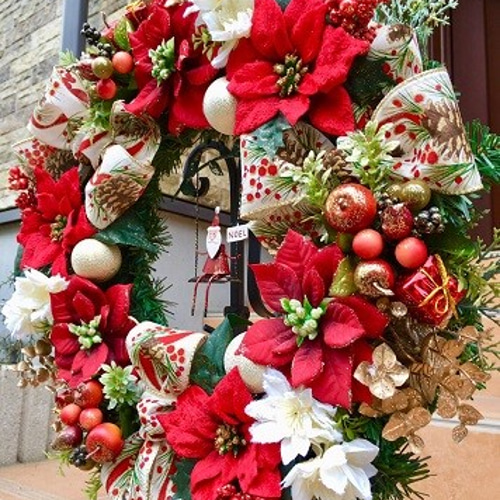 No.xmas-14331/クリスマスリース40cm/ブランコ・サンタ＆ポインセチア