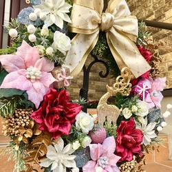 No.xmas-14334/クリスマスリース42cm/ピンク＆ゴールド・トナカイ（アーティフィシャル造花） 3枚目の画像