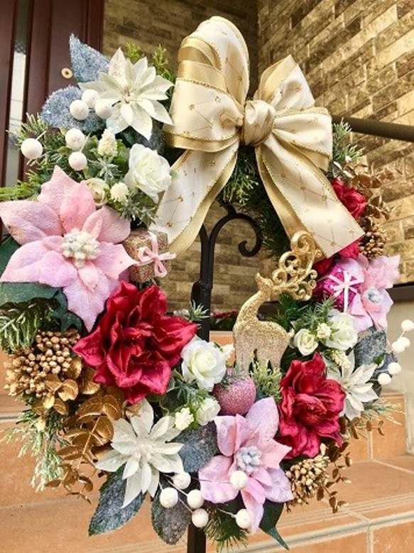 No.xmas-14334/クリスマスリース42cm/ピンク＆ゴールド・トナカイ（アーティフィシャル造花） 3枚目の画像