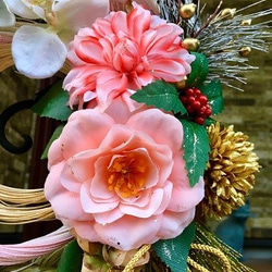 No.wreath-14912/お正月しめ縄リース（しめ飾り）55x33cm/干支＆椿＆胡蝶蘭（アーティフィシャル造花） 6枚目の画像