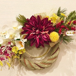 No.wreath-14919/お正月しめ縄リース/しめ飾り35x60cm/BIGダリア＆胡蝶蘭（アーティフィシャル造花 3枚目の画像