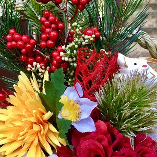 No.wreath-14930/お正月しめ縄リース/しめ飾り52x28cm/紅白