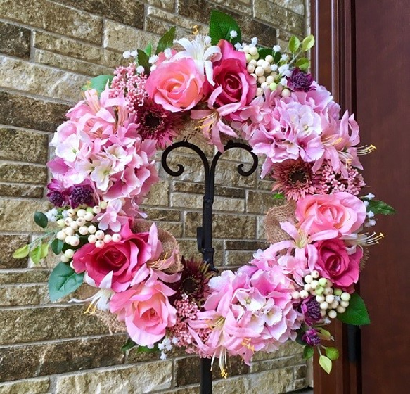No.wreath-15044/バラとアジサイのリース（１）ピンク　40cm/アーティフィシャルフラワー造花 2枚目の画像