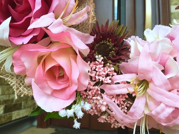 No.wreath-15044/バラとアジサイのリース（１）ピンク　40cm/アーティフィシャルフラワー造花 8枚目の画像