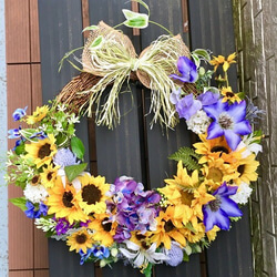 No.wreath-15046/ヒマワリとクレマチスのリース（１１）44x46cm/アーティフィシャルフラワー造花 1枚目の画像