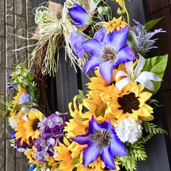 No.wreath-15046/ヒマワリとクレマチスのリース（１１）44x46cm/アーティフィシャルフラワー造花 2枚目の画像