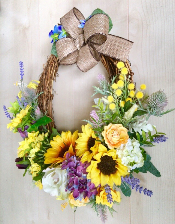 No.wreath-15059/ヒマワリのリース（２０）38x43cm/アーティフィシャルフラワー造花 2枚目の画像