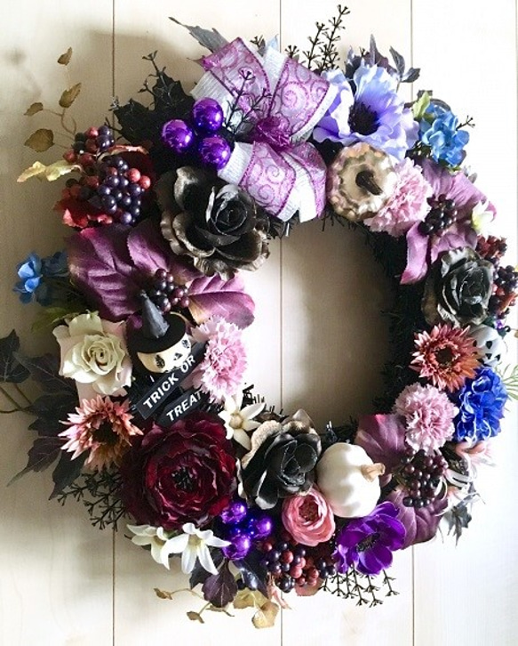 No.wreath-15073/ハロウィンリース（ブラックパープル）19-(4)52cm/アーティフィシャルフラワー造花 2枚目の画像