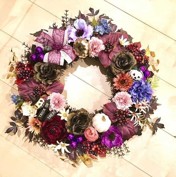 No.wreath-15073/ハロウィンリース（ブラックパープル）19-(4)52cm/アーティフィシャルフラワー造花 8枚目の画像