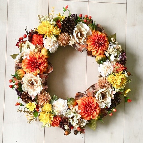 No.wreath-15112/秋のリース（ジニア＆ピオニー） 42cm/アーティ  
