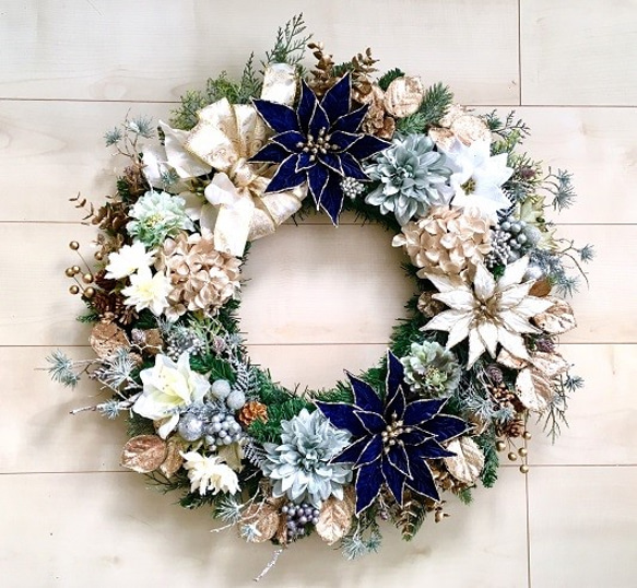 超豪華！ゴージャス&ラグジュアリーなクリスマスフラワーリース♡超特大サイズ♡ No.xmas-14343/特大クリスマスリース19-9（ネイビー＆ゴールド）62cm