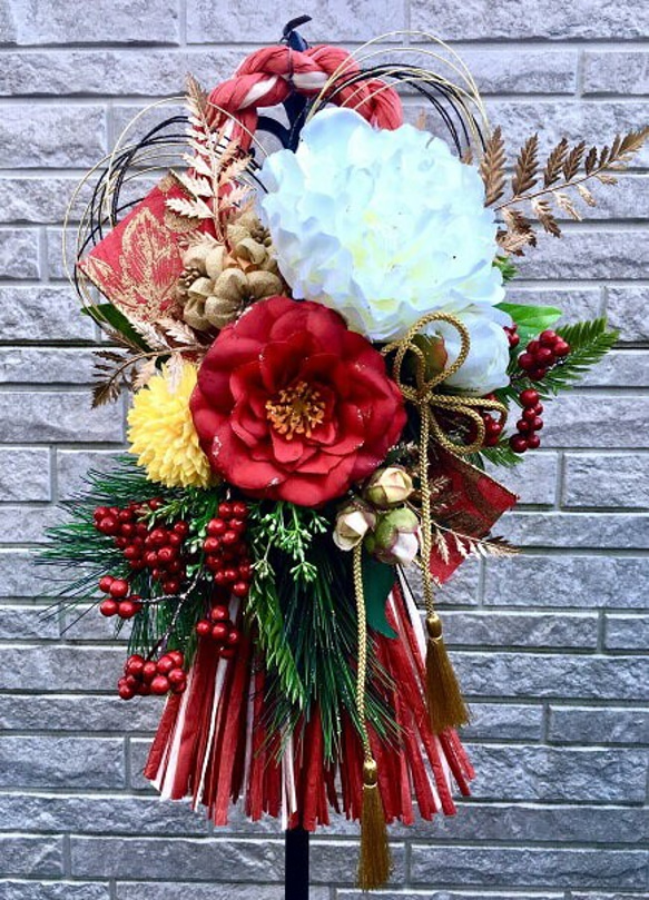No.wreath-15124/お正月しめ縄リース 19-(9) ピオニー＆椿 38x25cm  