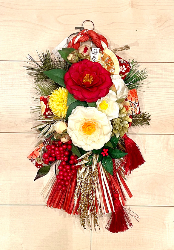 No.wreath-15128/正月しめ縄リース19-(13) カメリア＆ダリア 40x25cm 