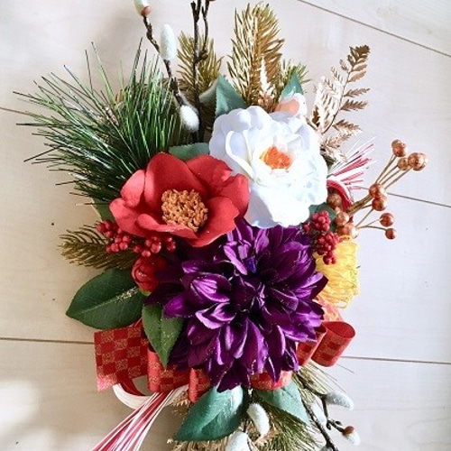 商品名【慶】華やか！♥ダリアと紅椿のお正月リース＊ 冬リース 商品名【慶】華やか！♥ダリアと紅椿のお正月リース＊ 冬リース