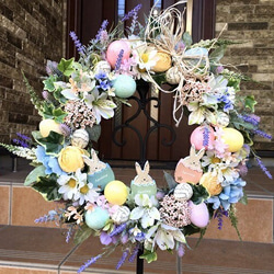 No.wreath-15154/イースターリース20-(6)48cm　トリプル・バニー/アーティフィシャルフラワー造花 1枚目の画像