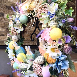 No.wreath-15154/イースターリース20-(6)48cm　トリプル・バニー/アーティフィシャルフラワー造花 3枚目の画像