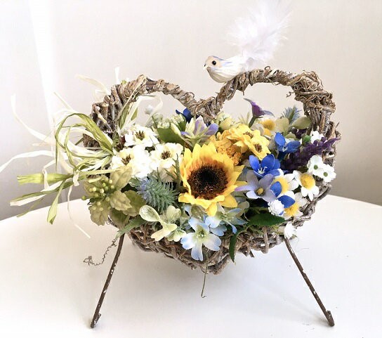 No.craft-14115/母の日ハートバスケット（小－2）小鳥/アーティフィシャルフラワー（造花）アレンジメント