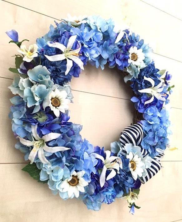 No.wreath-15182/アジサイとデイジーのリース（ブルー）紫陽花 40cm/アーティフィシャルフラワー造花 2枚目の画像