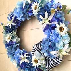 No.wreath-15182/アジサイとデイジーのリース（ブルー）紫陽花 40cm/アーティフィシャルフラワー造花 3枚目の画像