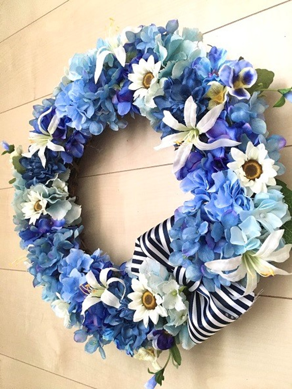 No.wreath-15182/アジサイとデイジーのリース（ブルー）紫陽花 40cm/アーティフィシャルフラワー造花 3枚目の画像