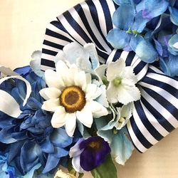No.wreath-15182/アジサイとデイジーのリース（ブルー）紫陽花 40cm/アーティフィシャルフラワー造花 4枚目の画像
