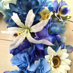 No.wreath-15182/アジサイとデイジーのリース（ブルー）紫陽花 40cm/アーティフィシャルフラワー造花 5枚目の画像