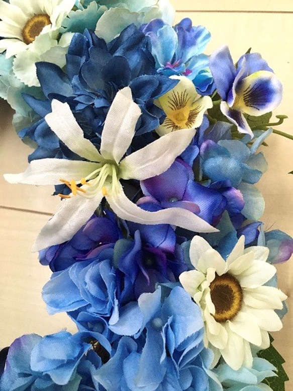 No.wreath-15182/アジサイとデイジーのリース（ブルー）紫陽花 40cm/アーティフィシャルフラワー造花 5枚目の画像