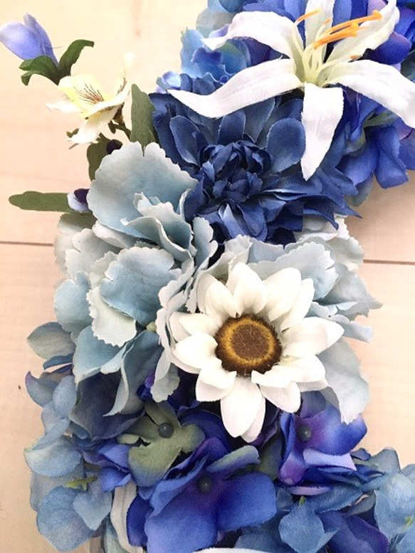 No.wreath-15182/アジサイとデイジーのリース（ブルー）紫陽花 40cm/アーティフィシャルフラワー造花 6枚目の画像