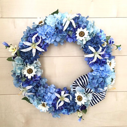 No.wreath-15182/アジサイとデイジーのリース（ブルー）紫陽花 40cm/アーティフィシャルフラワー造花 7枚目の画像