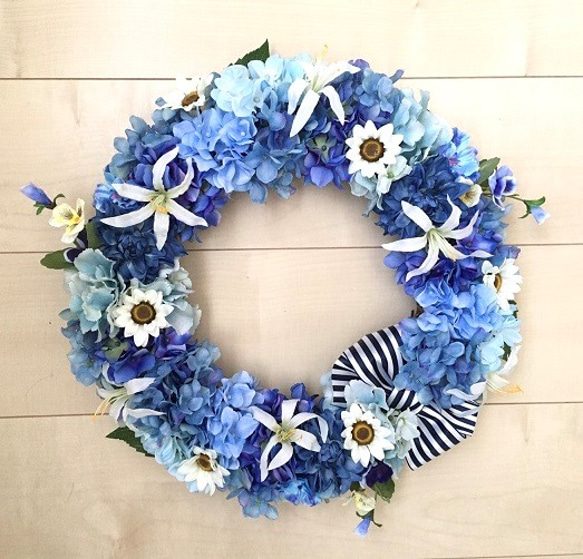 No.wreath-15182/アジサイとデイジーのリース（ブルー）紫陽花 40cm/アーティフィシャルフラワー造花 7枚目の画像