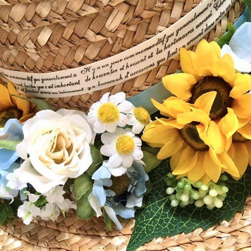 No.wreath-15184/麦わら帽子のリース20-(2)（ひまわり）38cm