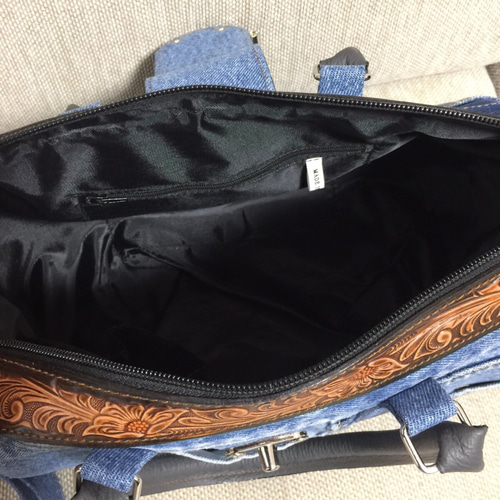 デニムバッグ レザーカービング デニム ボストンバッグ ボストン