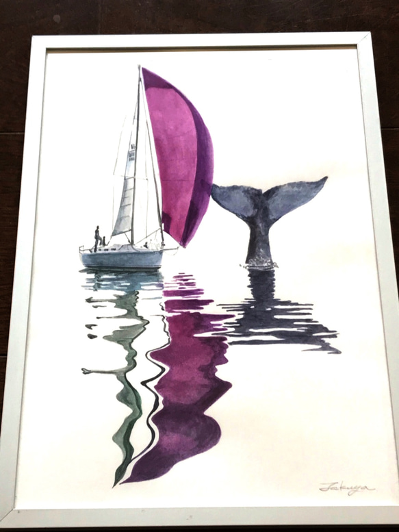 ヨットとクジラ　アクリル原画　フレーム付き 5枚目の画像