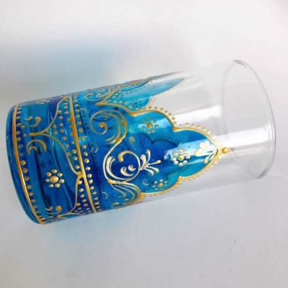 透き通るブルーのチャイグラス☆チュニジア☆アラビアンナイトの世界　ストレートタイプ　青　L05c 2枚目の画像