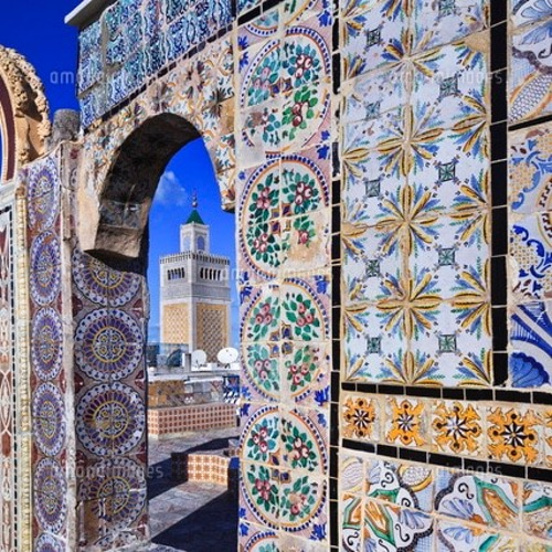 17世紀ごろのアンティークタイル ブルーのお花と竪琴のハーモニー 