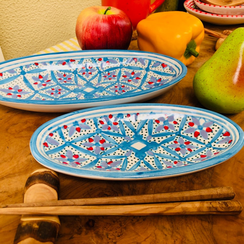 チュニジア・ナブールの陶器 オバール19cm 甘く人を酔わせる青と赤 55