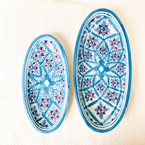 チュニジア・ナブールの陶器 オバール19cm 甘く人を酔わせる青と赤 55