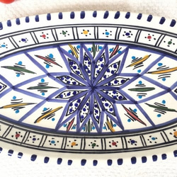 チュニジア・ナブールの陶器　幾何学文様オアシスブルー＃18　オバール30cm 2枚目の画像
