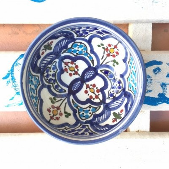 チュニジア・ナブールの陶器　澄んだブルーが印象的　69　ボウル10cm 1枚目の画像