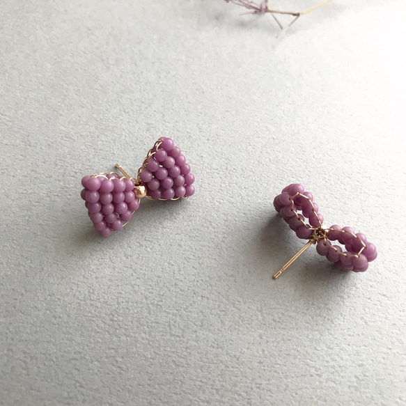 蝴蝶結 紫雲母14k銅鍍金編織耳環 第8張的照片
