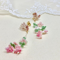獨特 自家設計 粉紅色 花束 春 蕾絲線 編織 手工 鉤花 14kgf 耳環 第2張的照片