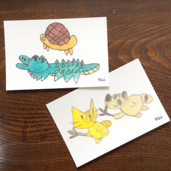 ほっこりかわいいＫｅｉちゃんイラストポストカード４枚セット 『ワニとカメ』『なかよし』『みのむし猫』『はみがきコアラ』 2枚目の画像