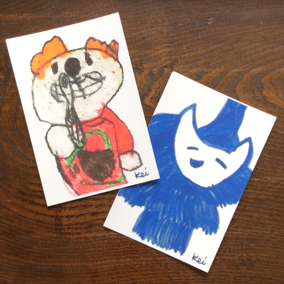 ほっこりかわいいＫｅｉちゃんイラストポストカード４枚セット 『ワニとカメ』『なかよし』『みのむし猫』『はみがきコアラ』 3枚目の画像