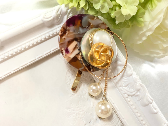 玳瑁 x 金色古董鈕扣和珍珠小馬鉤 第2張的照片